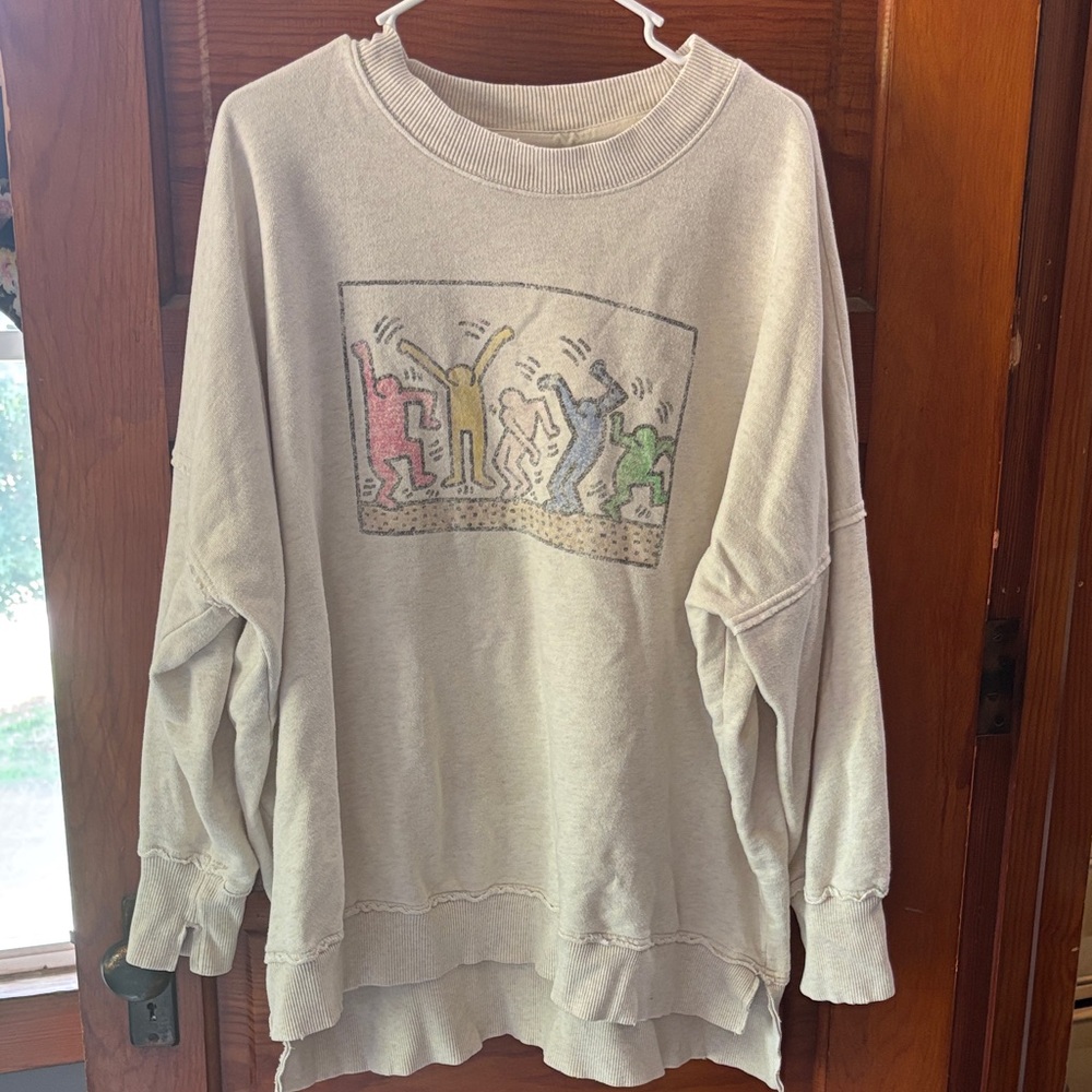 Aerie Oversized Medium Keith Haring Graphic Beige Women's CrewneckSweater